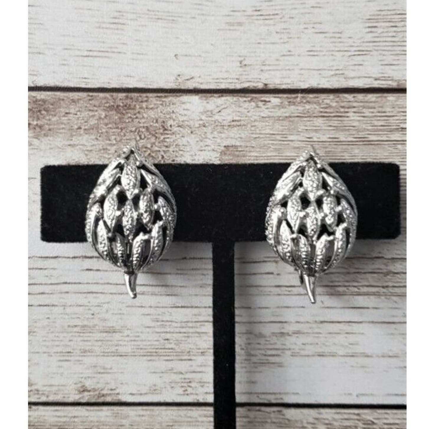 Vintage Clip On Earrings - Silver Tone Fancy Leaf Design