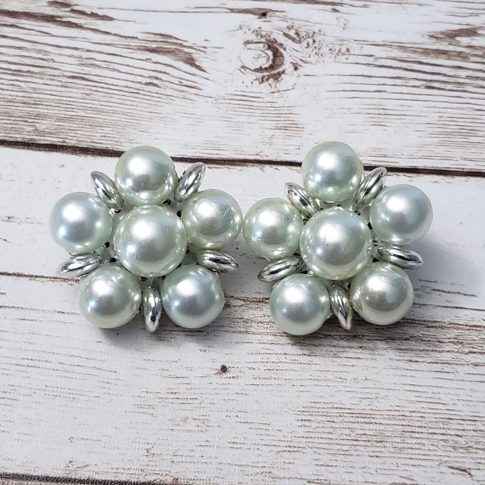Vintage Clip On Earrings - Light Green Cluster Just Over 1 & 1/8"