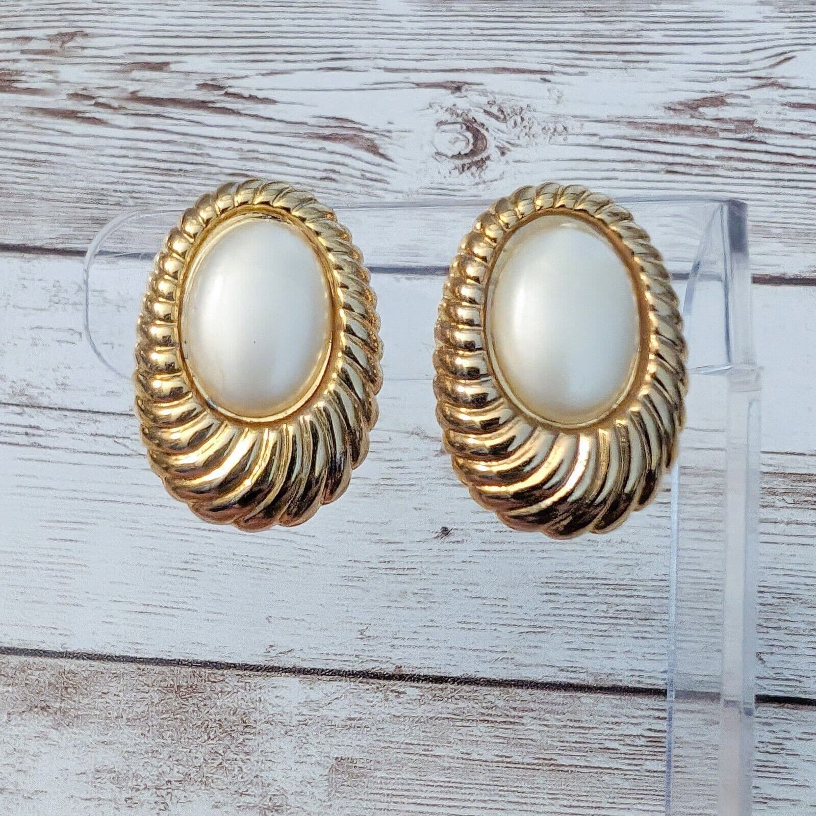 Vintage Clip On Earrings - Just Over 1 & 1/8" Gold Tone & Faux Pearl Oval