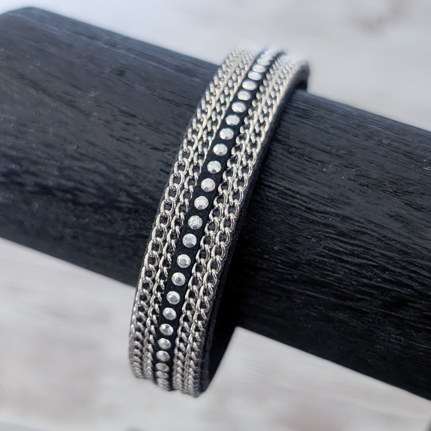 Black & Silver Tone Studded Bracelet with Chains Design Emo Goth Skater