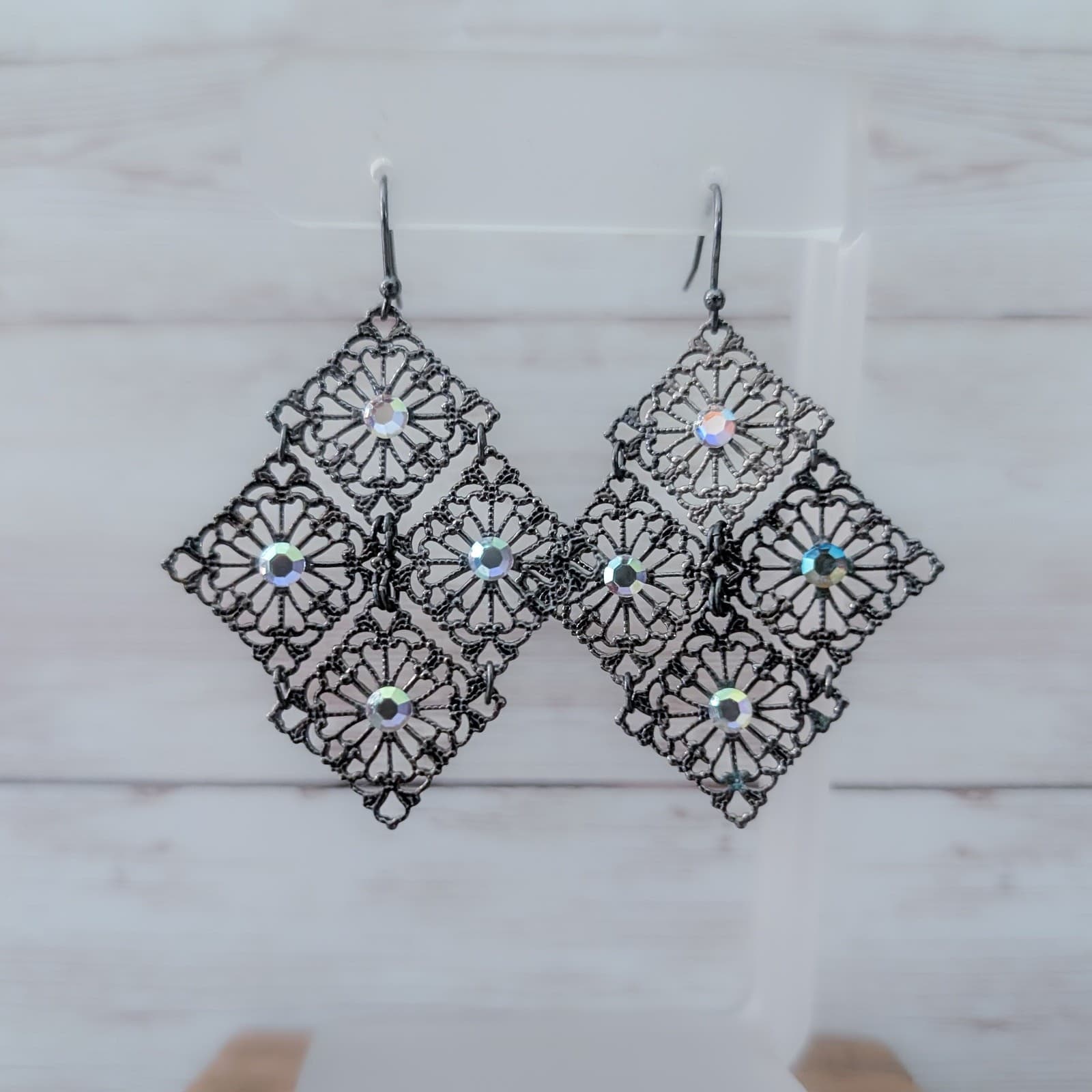 Vintage Dangle Earrings For Pierced Ears Dark Metal with Iridescent Gems
