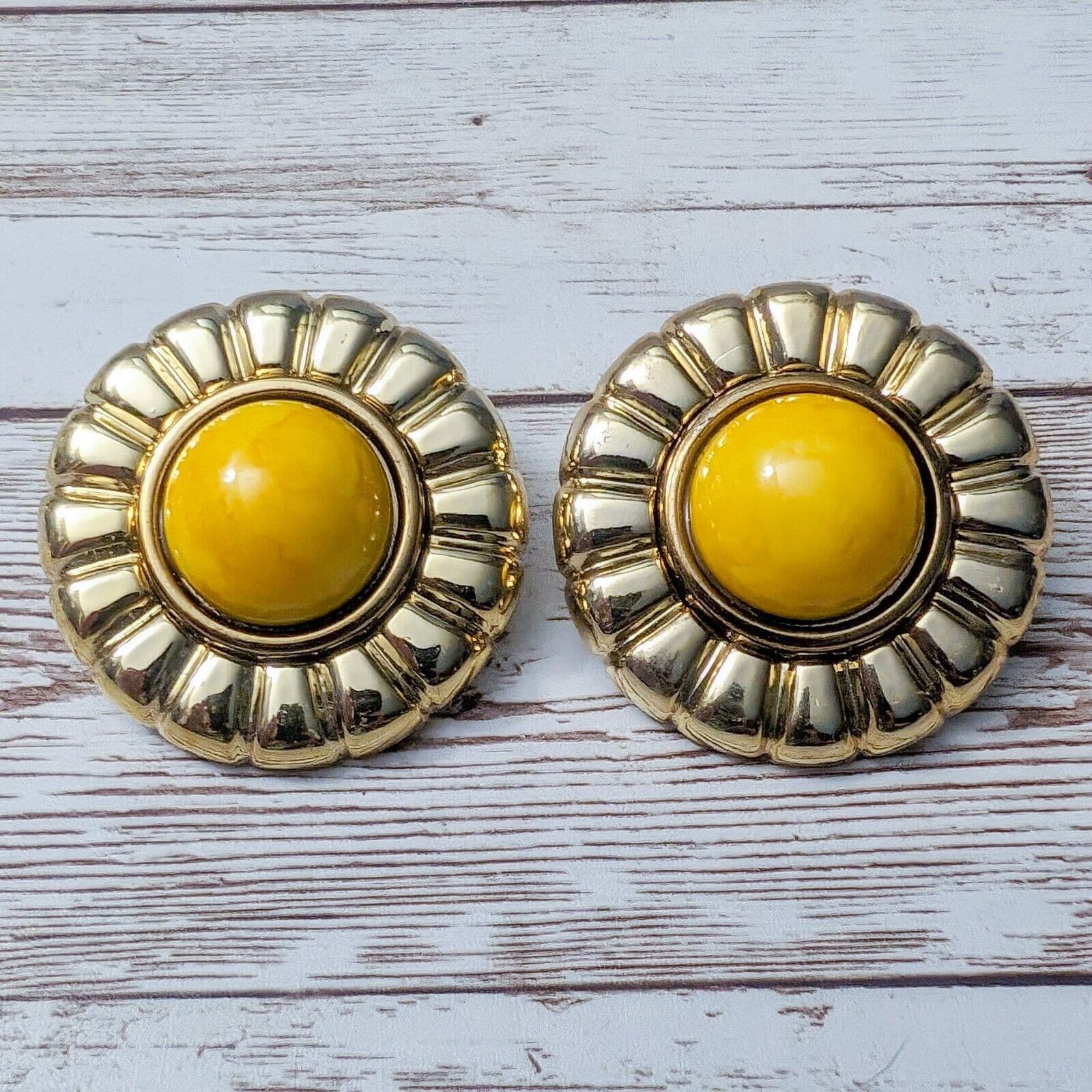 Vintage Clip On Earrings - 1 & 5/8" Gold Tone and Yellow Large Statement