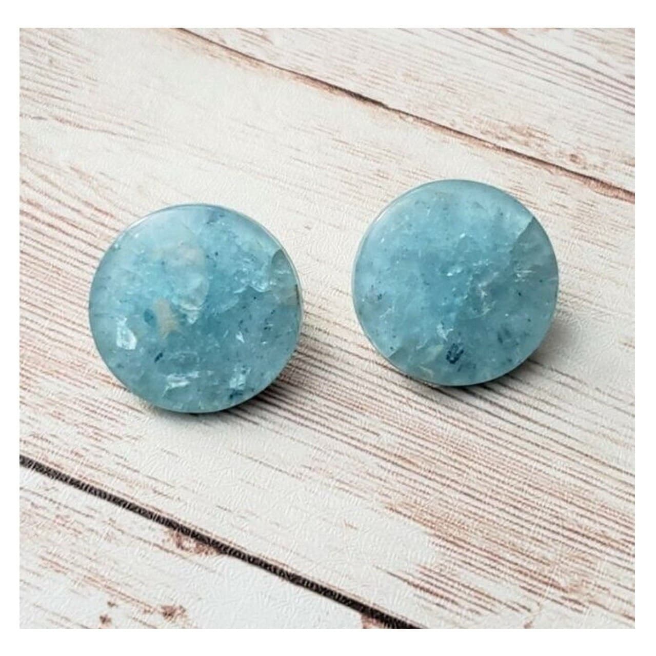 Vintage Clip On Earrings Unusual Light Blue Circle Crackled Design