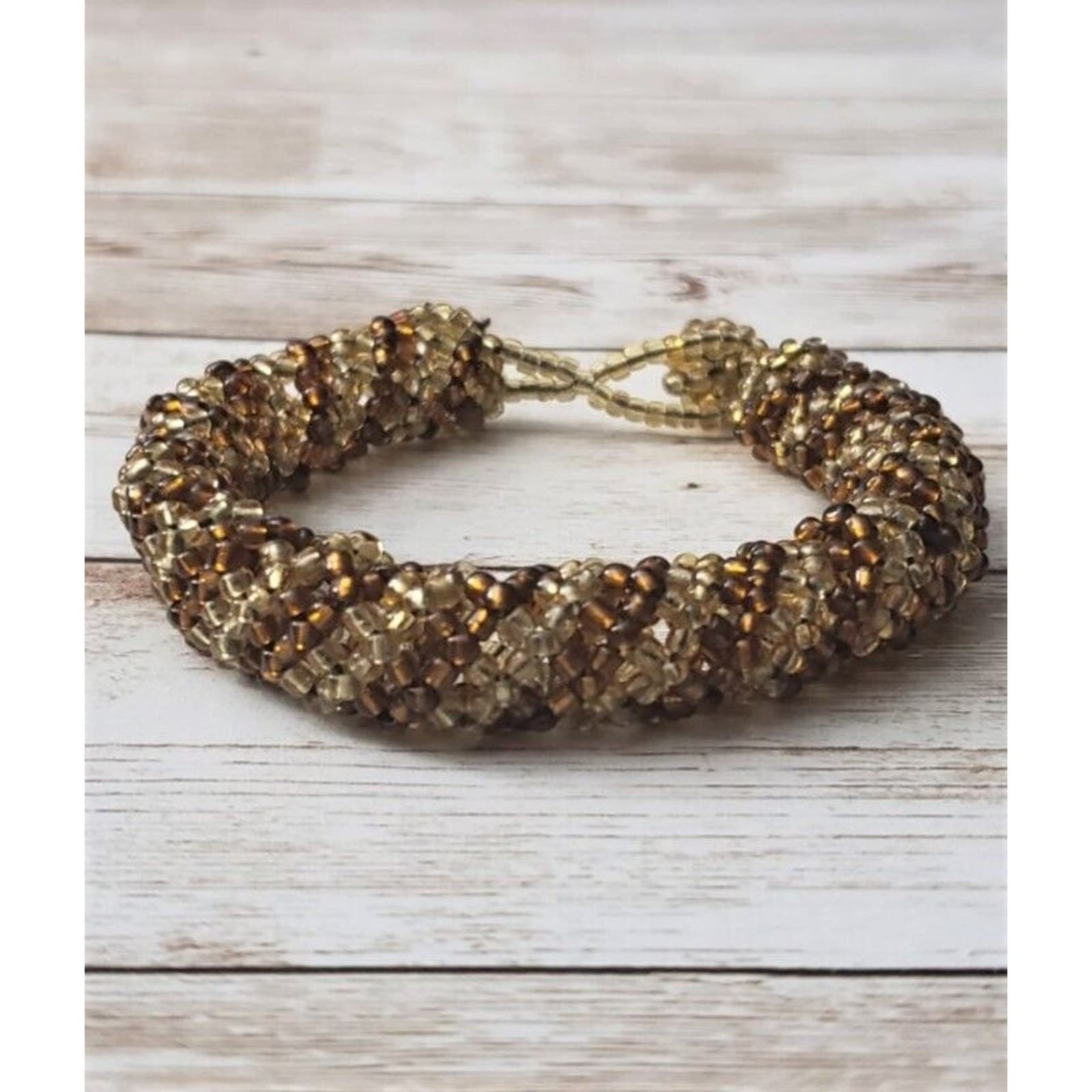 Vintage Bracelet / Bangle - Thick Amber Tone Beaded