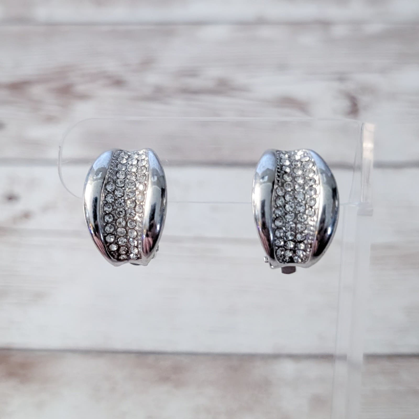 Vintage Clip On Earrings Silver Tone Curved with Clear Gems Statement