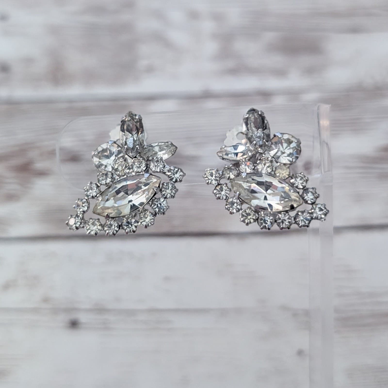 Vintage Clip On Earrings Statement Clear Gems 1"