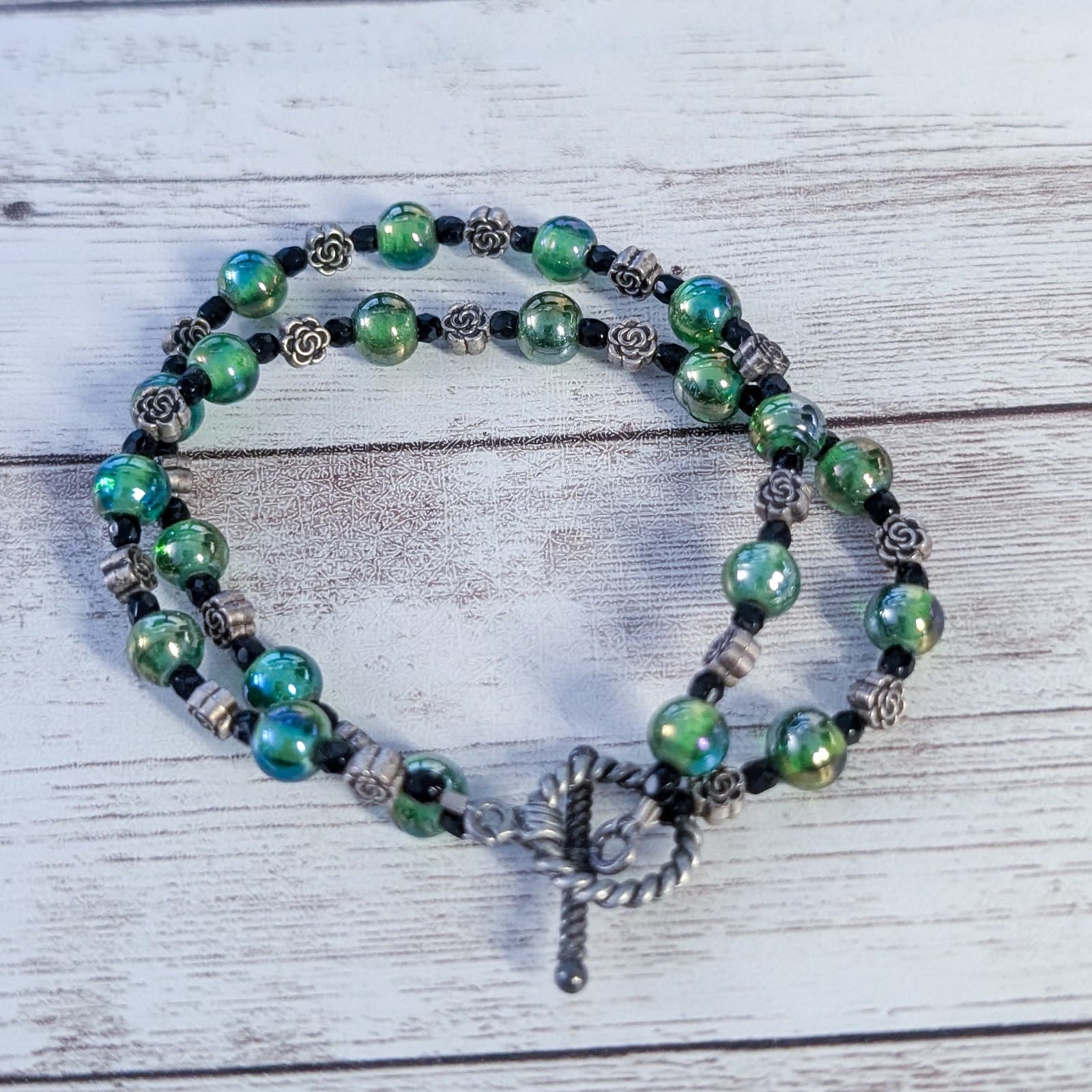 Vintage Bracelet Double Row Green Beads