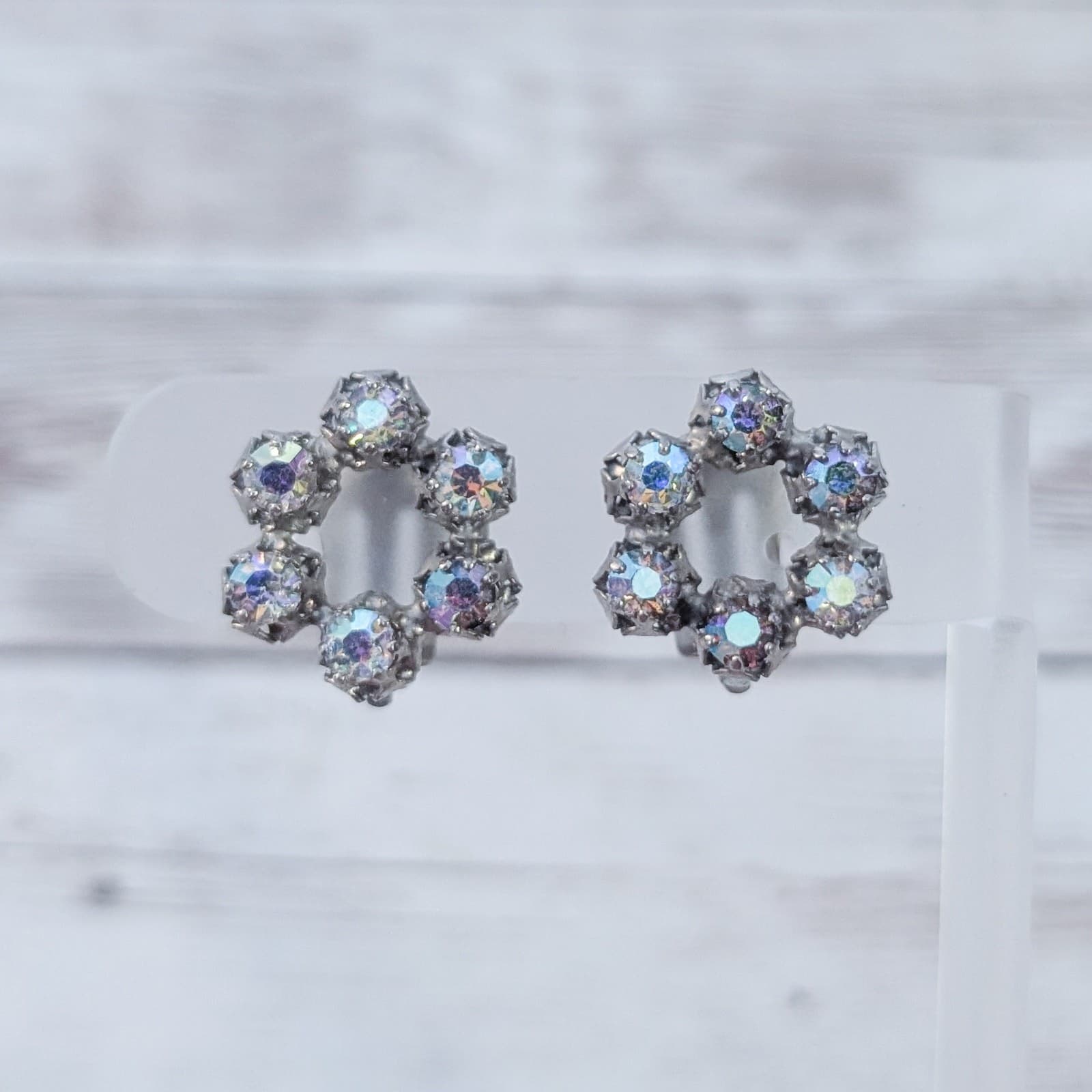 Vintage Clip On Earrings Dark Metal and Iridescent Gems