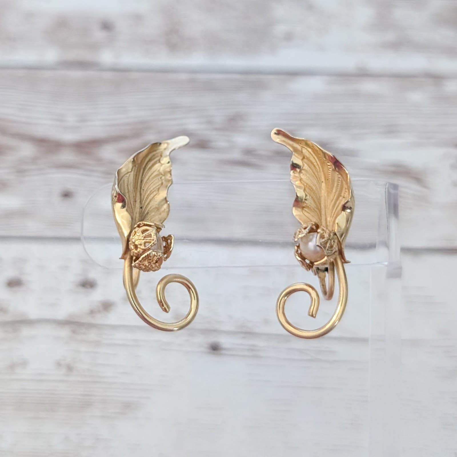 Vintage Clip On Earrings Leaf With Faux Pearl Whimsical Gold Tone Statement