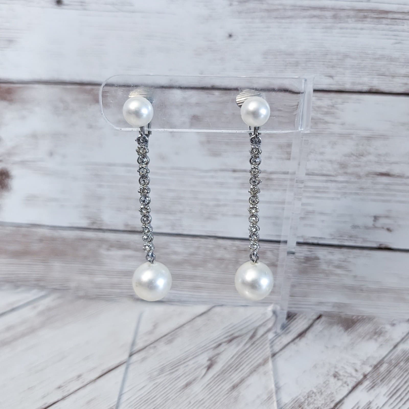Vintage Clip On Earrings Long Statement Faux Pearl & Clear Gem Dangle
