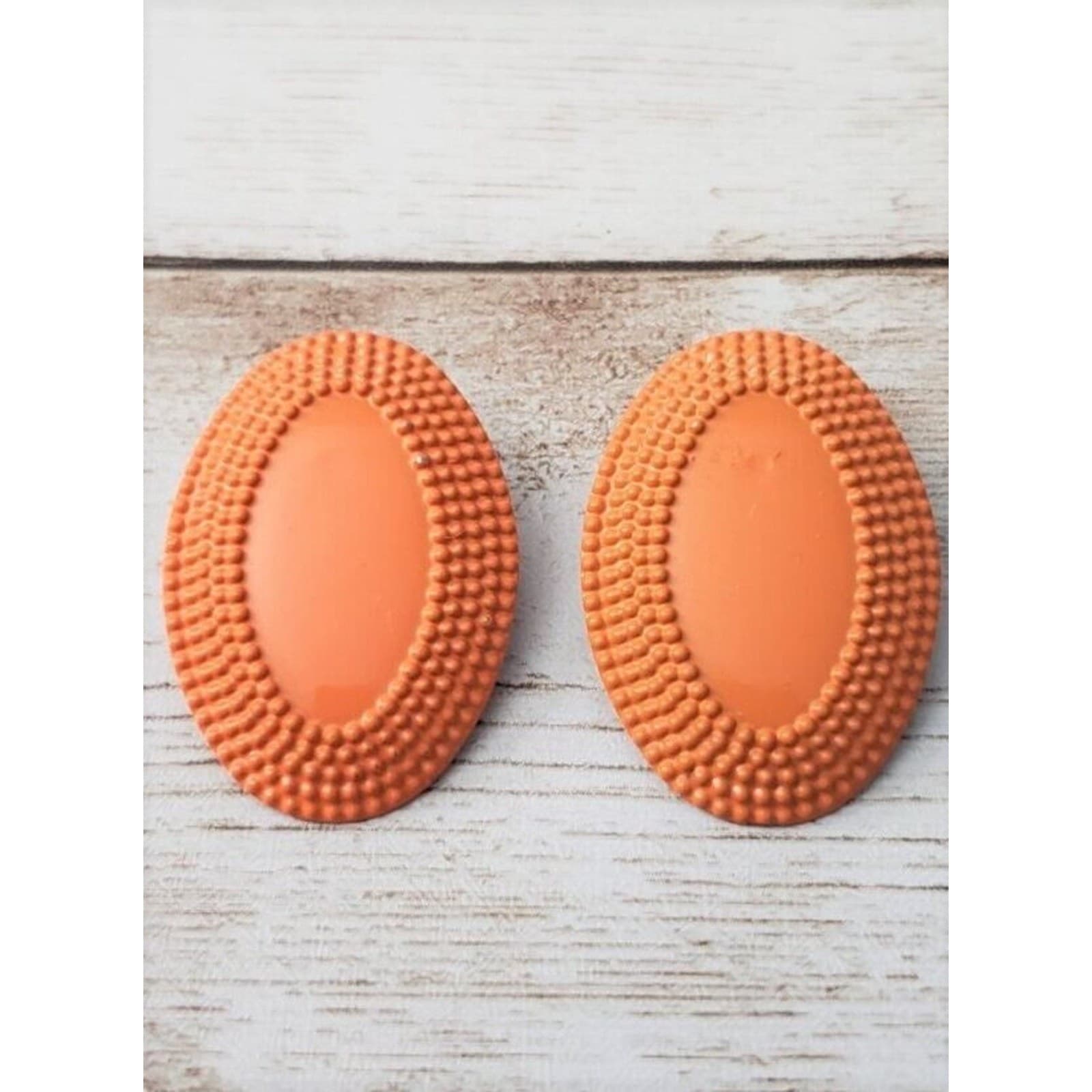 Vintage Clip On Earrings Orange Metal Oval Just Over 1 & 1/8"