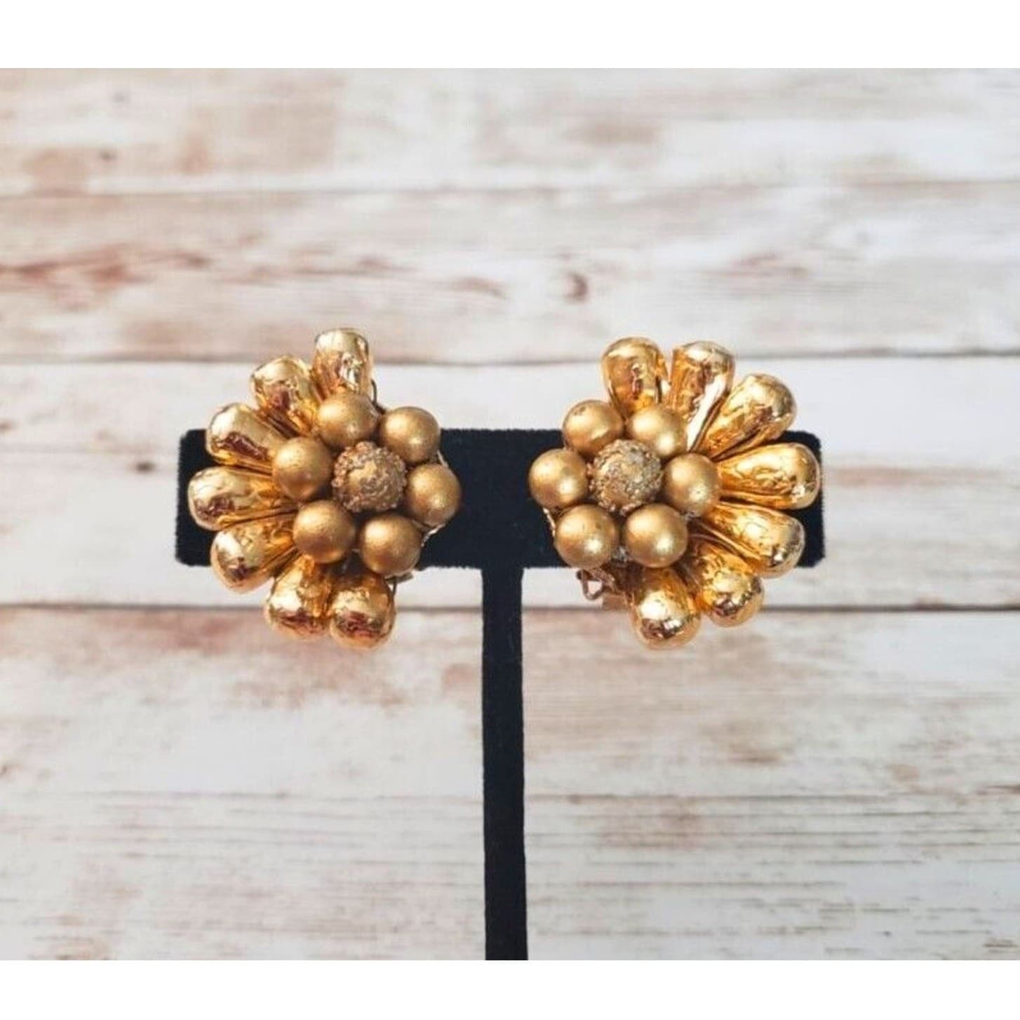 Vintage Clip On Earrings Bronzey Gold Tone Fancy Statement