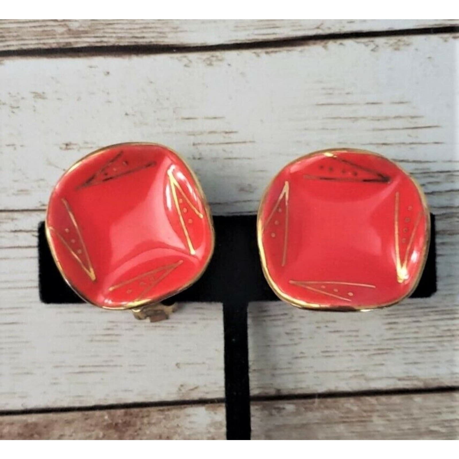 Vintage Milvern Co Clip On Earrings - Hand Painted Red & Gold Tone 1950's