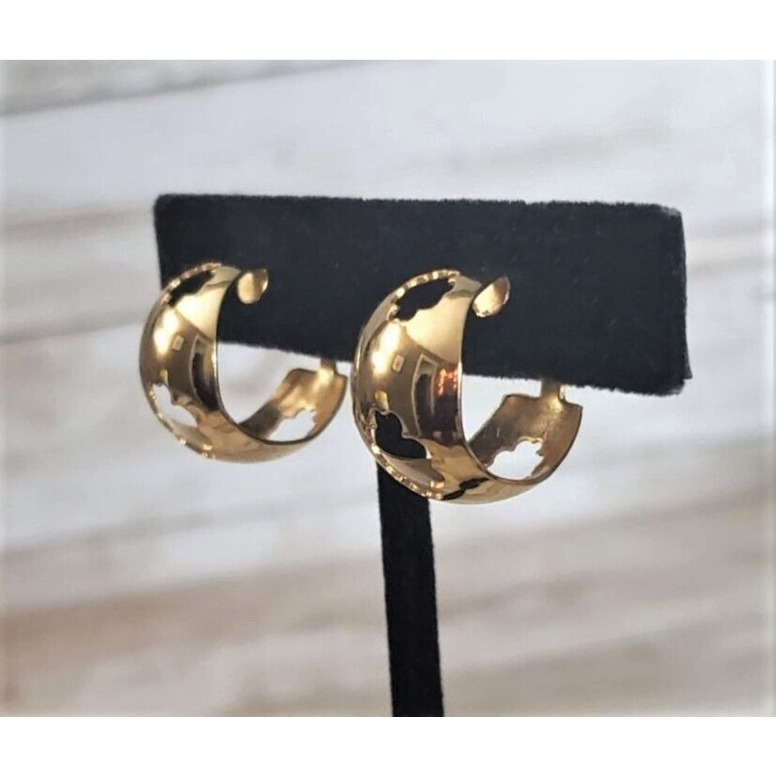 Vintage Clip On Earrings - Unusual Chunky Gold Tone Hoops with Cut Out Design