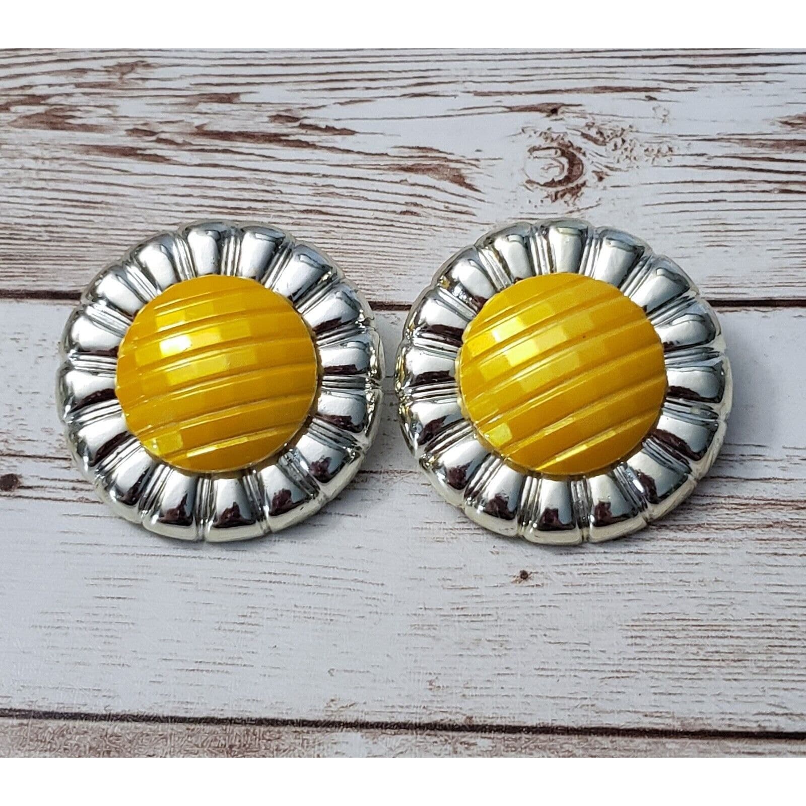 Vintage Clip On Earrings Yellow 1 & 5/8" Large Statement Unusual