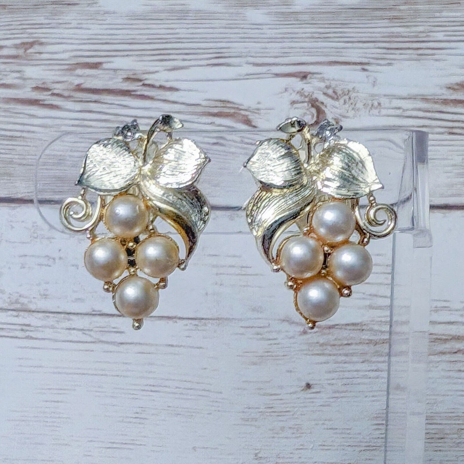 Vintage Clip On Earrings - Statement Faux Pearl Grapes with Leaves