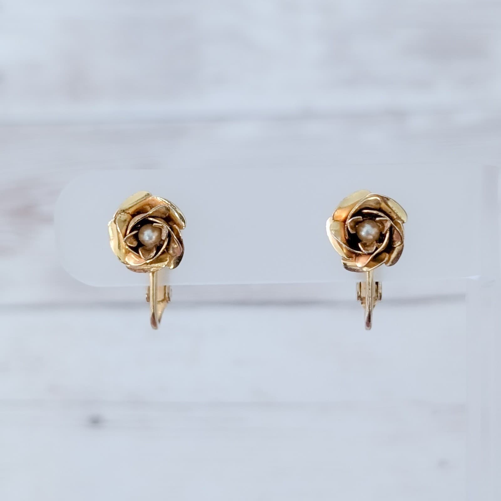 Vintage Clip On Earrings Gold Tone Dainty Rose with Faux Pearl Center