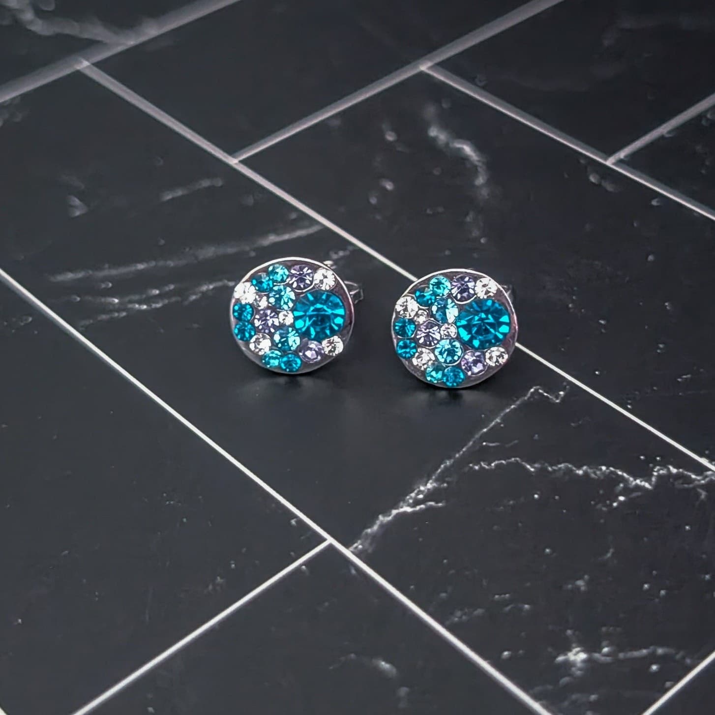 Vintage Clip On Earrings Silver Tone with Blue, Clear and Purple Gems 0.5"