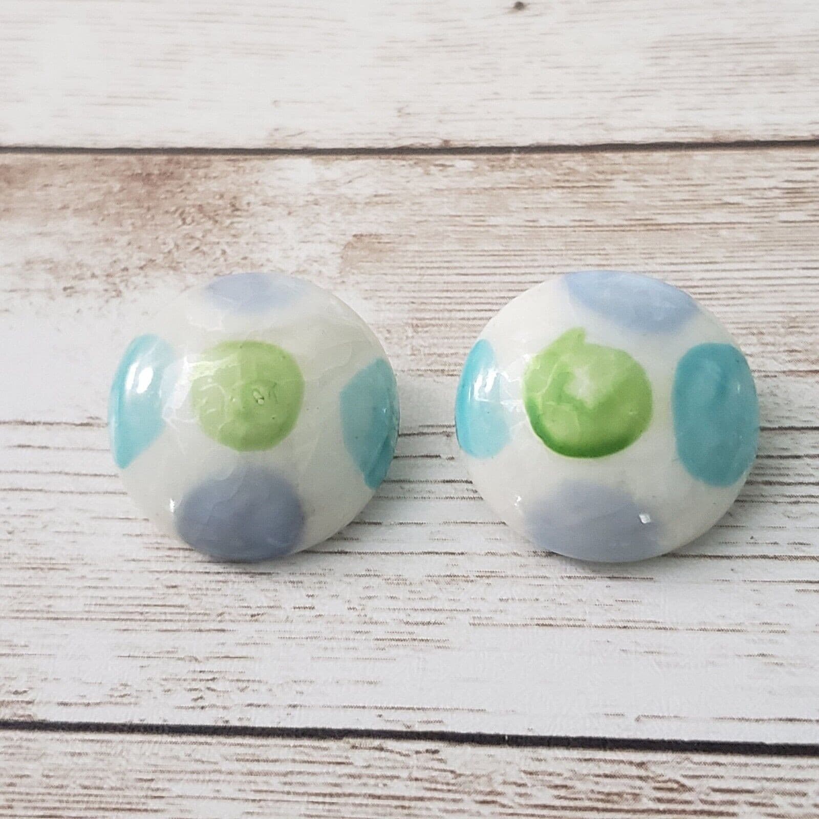 Vintage Clip On Earrings Green, Blue, Turquoise Spotted Circle