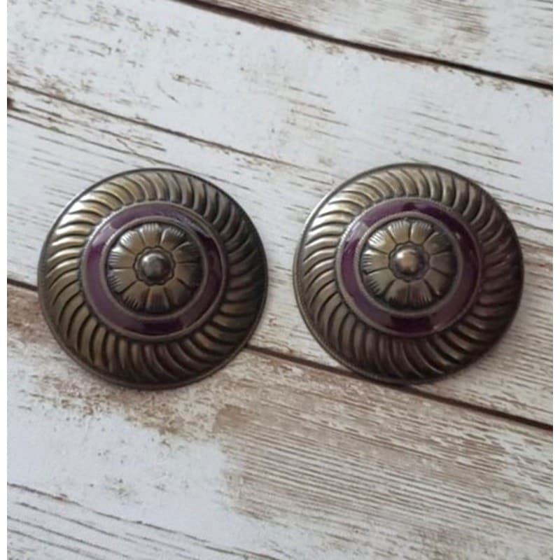 Vintage Clip On Earrings Dark Bronze & Plum Circle Statement 1.5"
