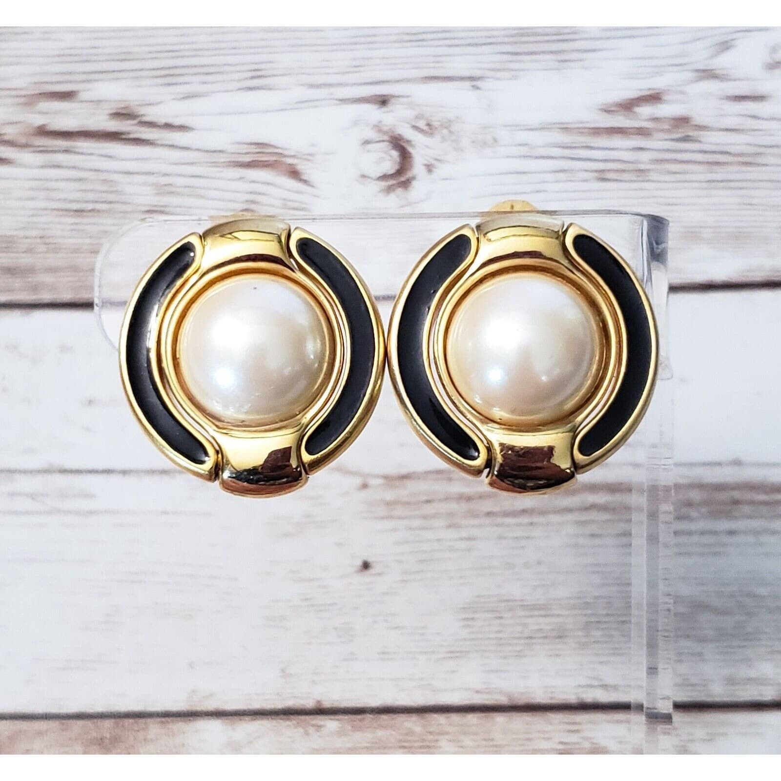 Vintage Clip On Earrings Gold Tone, Black Halo, Faux Pearl Statement Earrings
