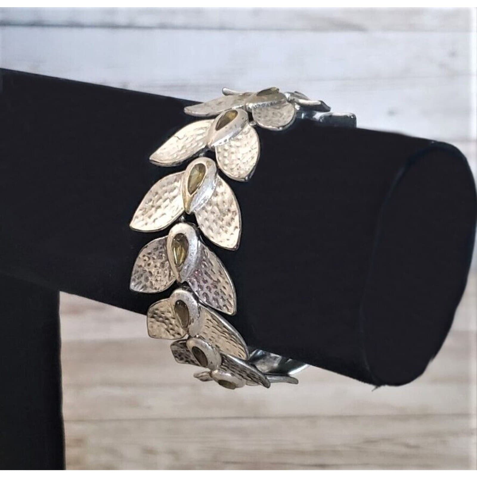 Vintage Clasp Bracelet Silver Tone Laurel Leaf Design with Green Gems - Unusual