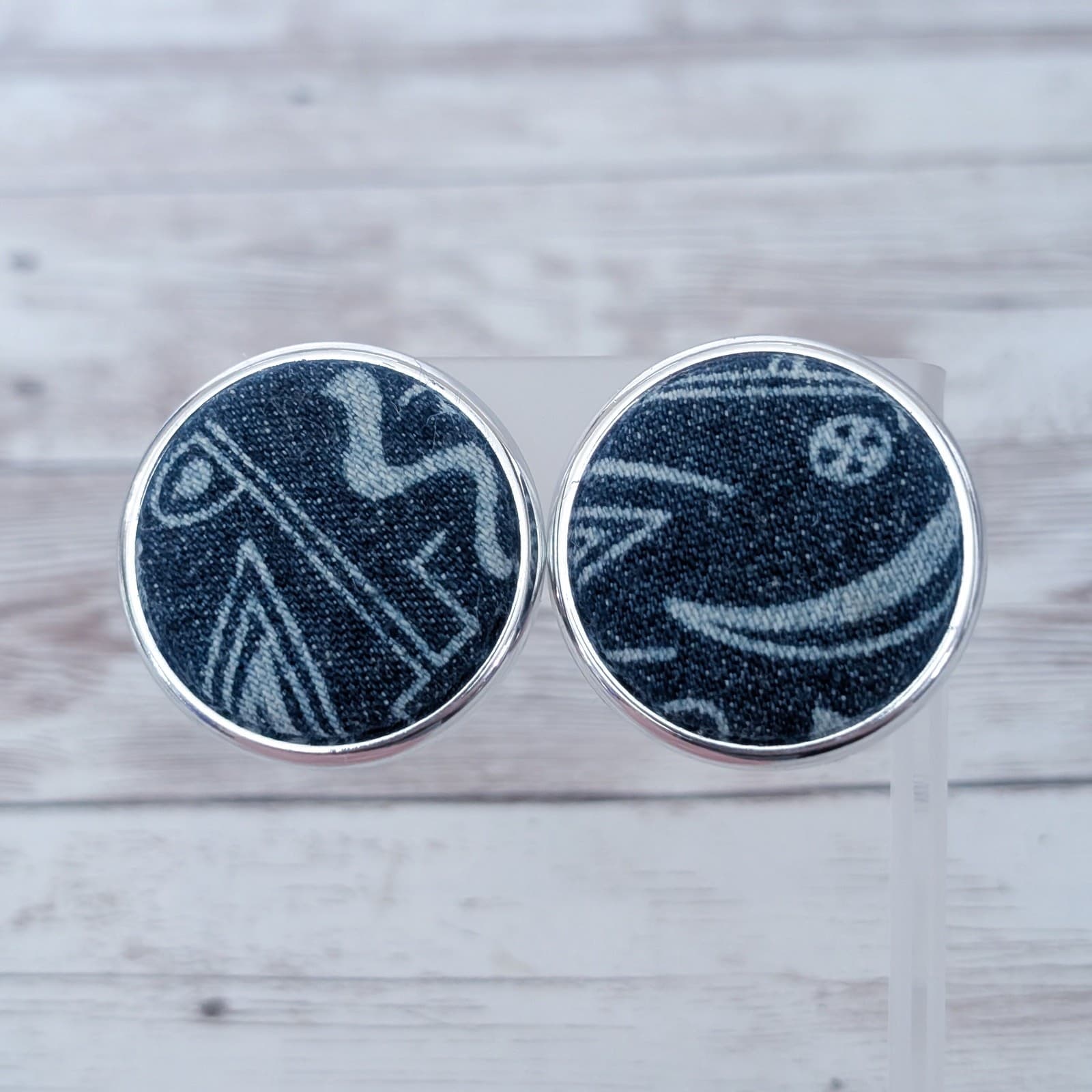 Vintage Clip On Earrings Blue Patterned Silver Tone Halo Large Statement
