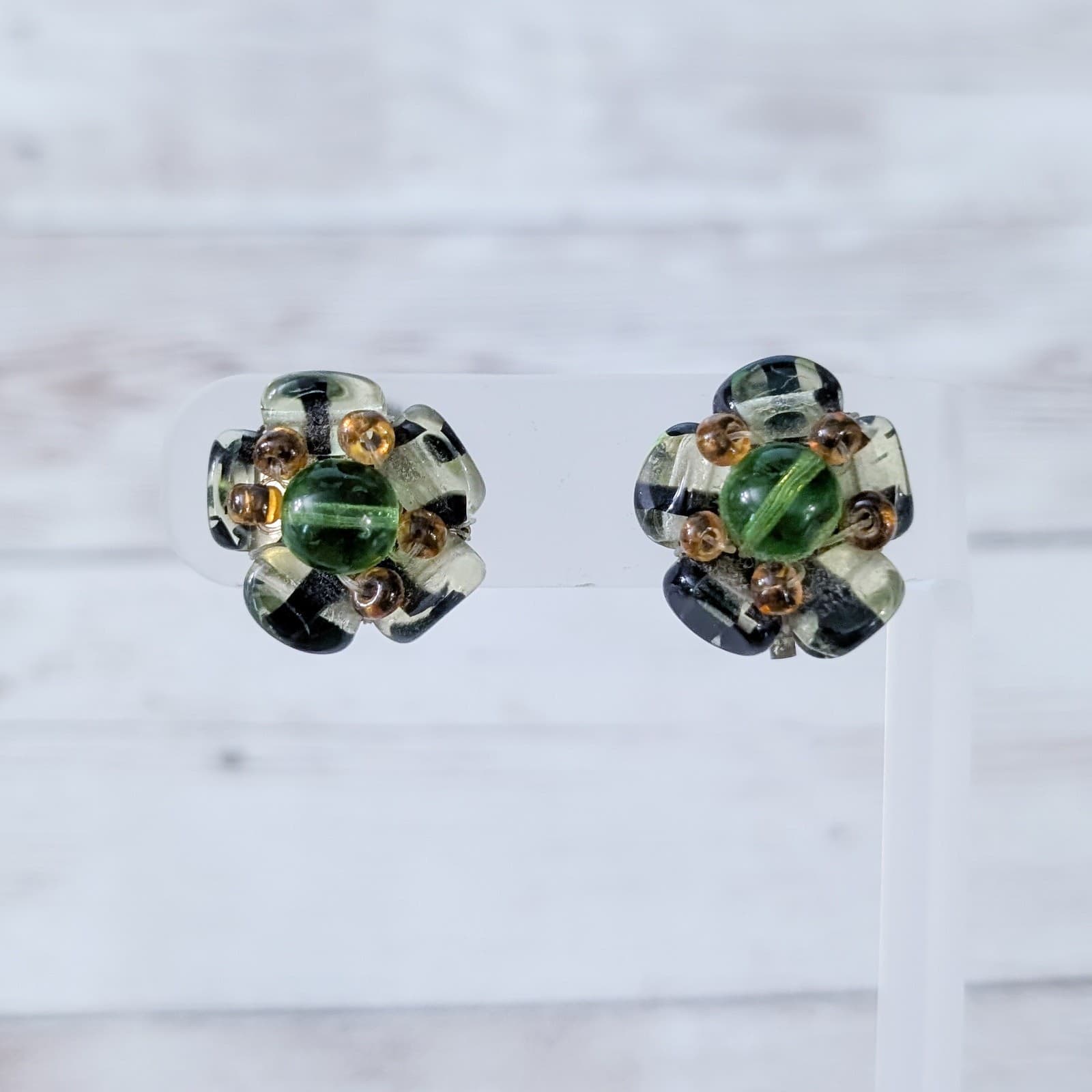 Vintage Clip On Earrings Green Flower with Brown Accents 0.75"