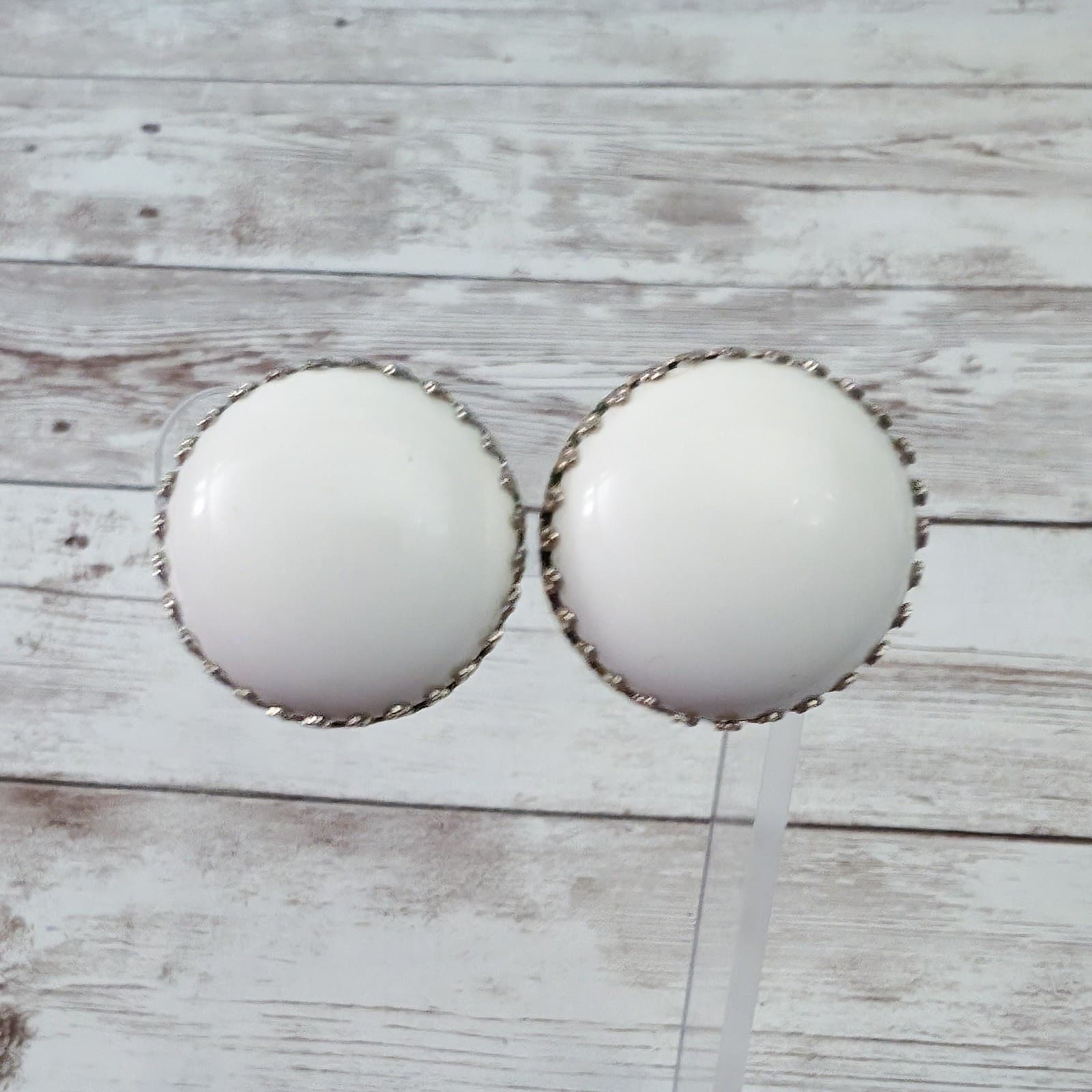 Vintage Clip On Earrings Large Cream Domed with Gold Tone Halo 1 & 1/8"