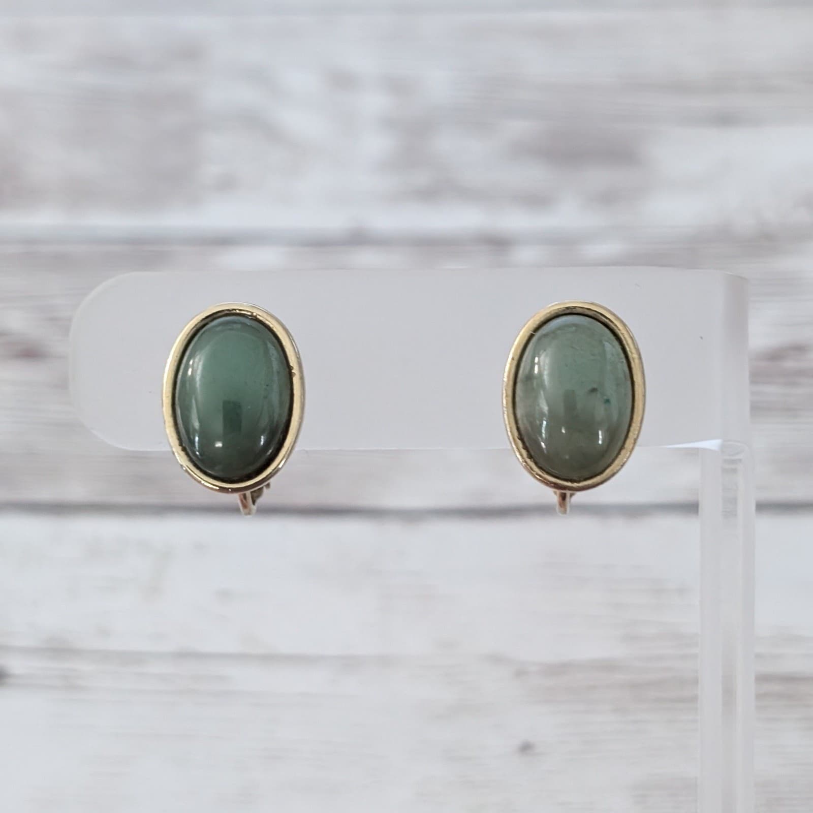 Vintage Clip On Earrings Dusky Green Oval with Gold Tone Halo