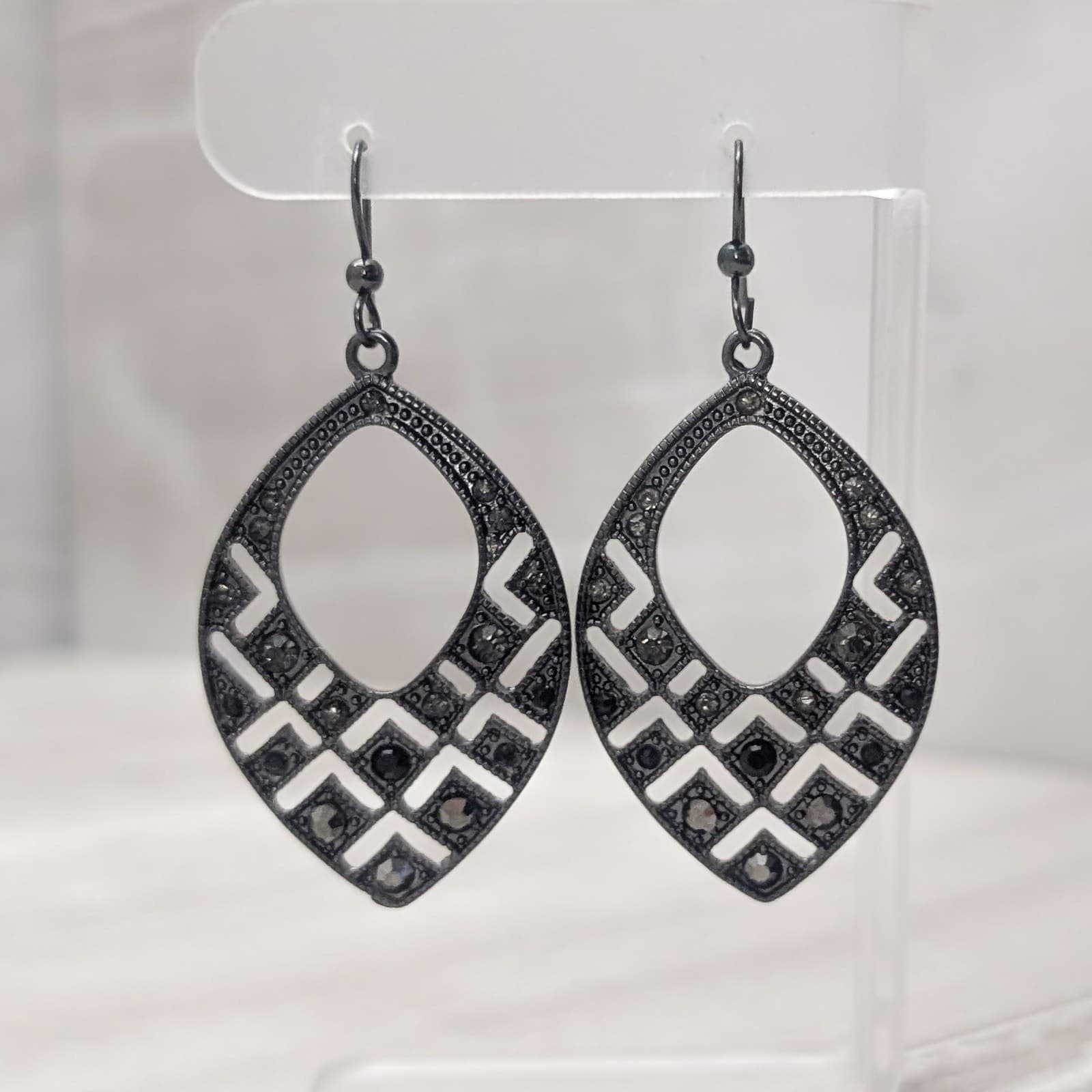 Vintage Hook Dangle Drop Earrings Large Dark Metal Stylish & Regal Statement