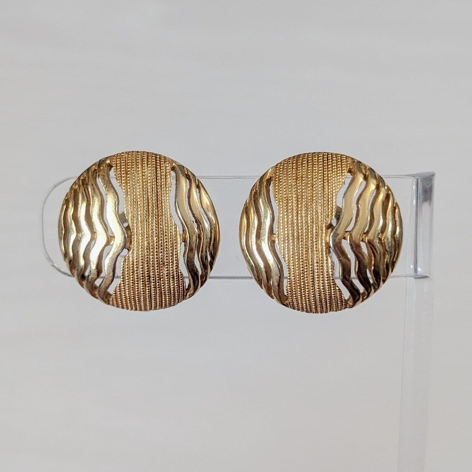 Vintage Trifari Clip On Earrings Gold Tone Circle with Wavy & Line Design Large