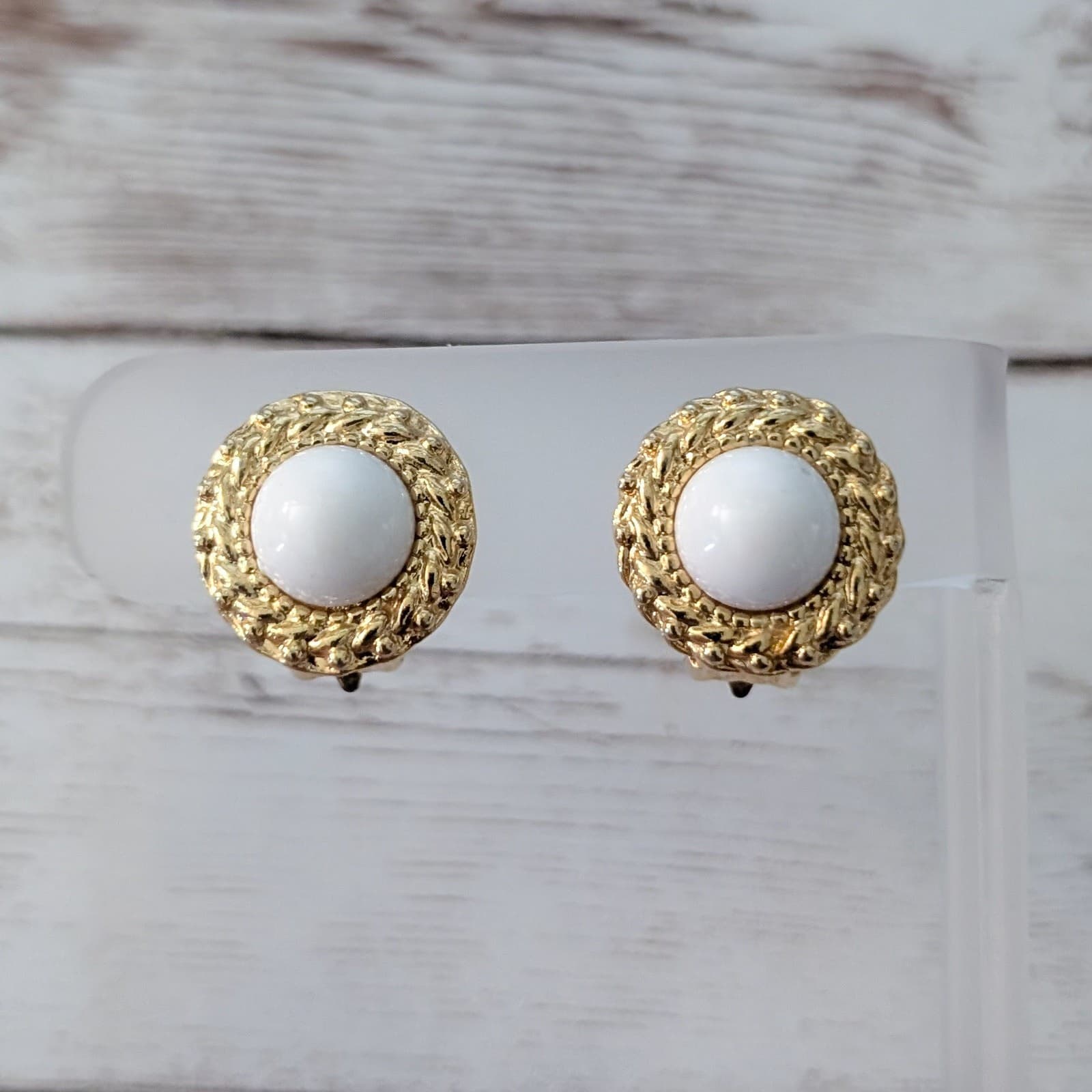 Vintage Clip On Earrings Stylish & Elegant White with Fancy Gold Tone Halo