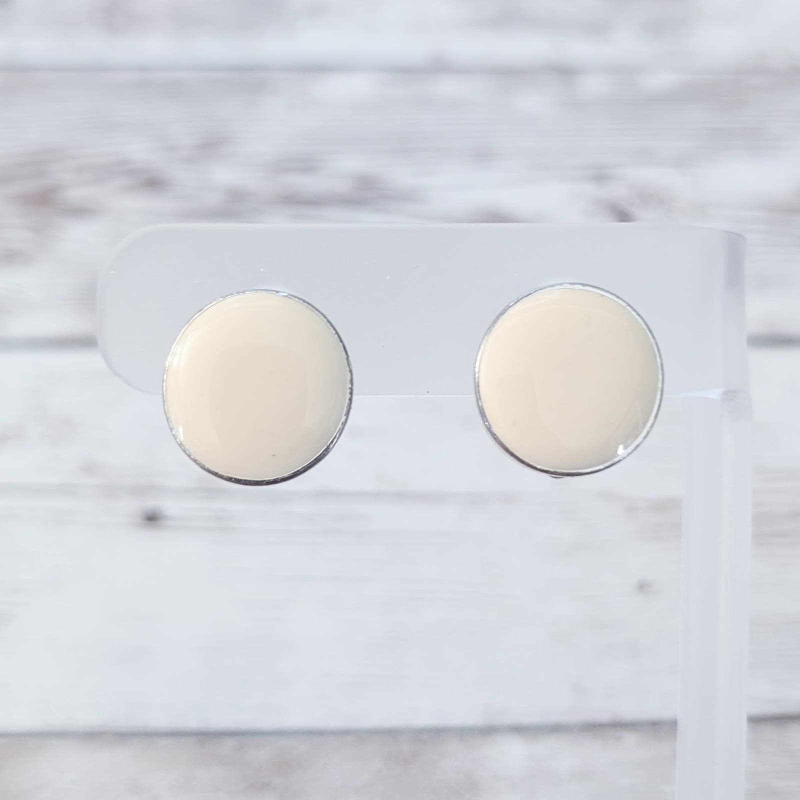 Vintage Clip On Earrings Cream Enamel Circle Retro 5/8"