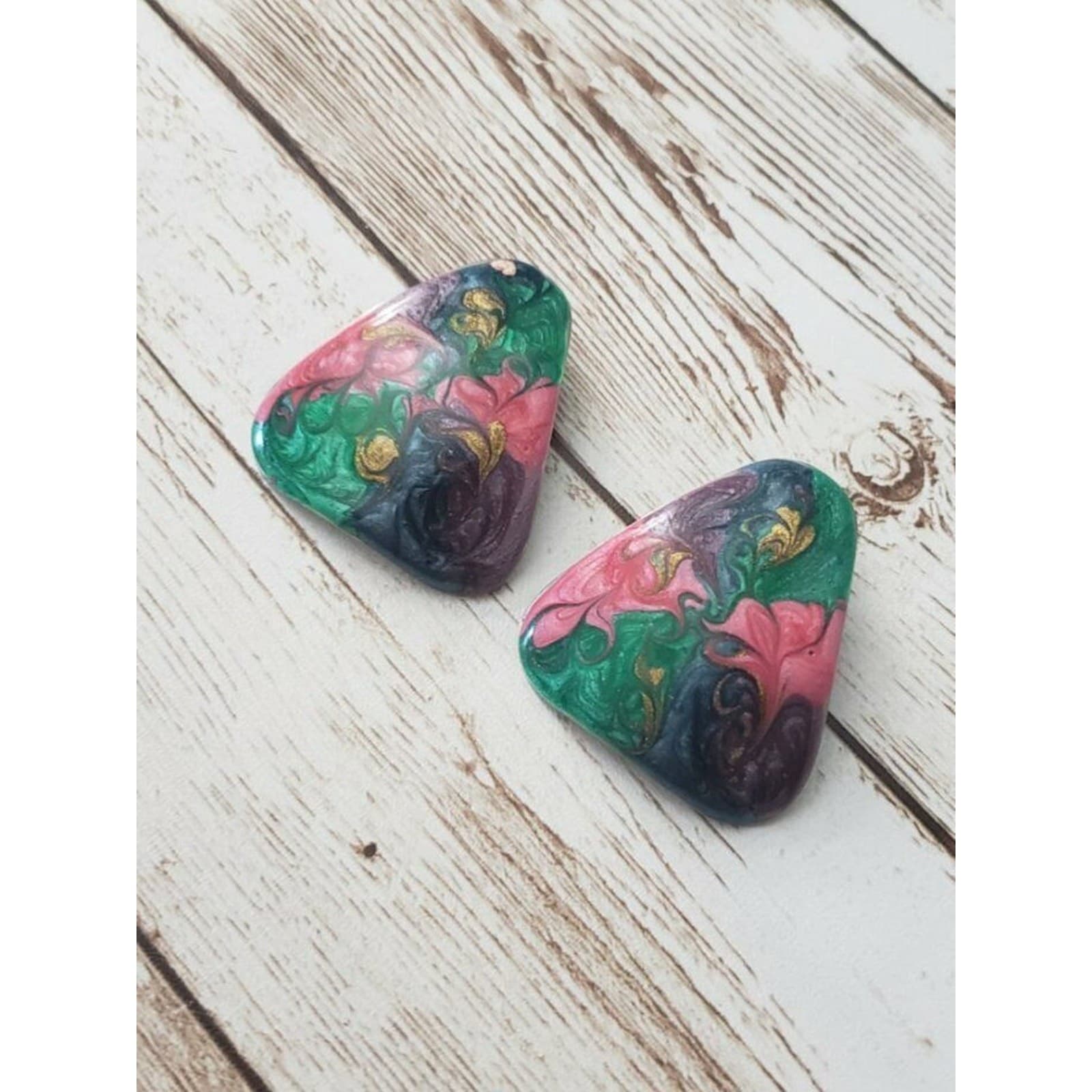 Vintage Clip On Earrings Rounded Triangle Shape Pink, Green, Purple 1 & 3/8"