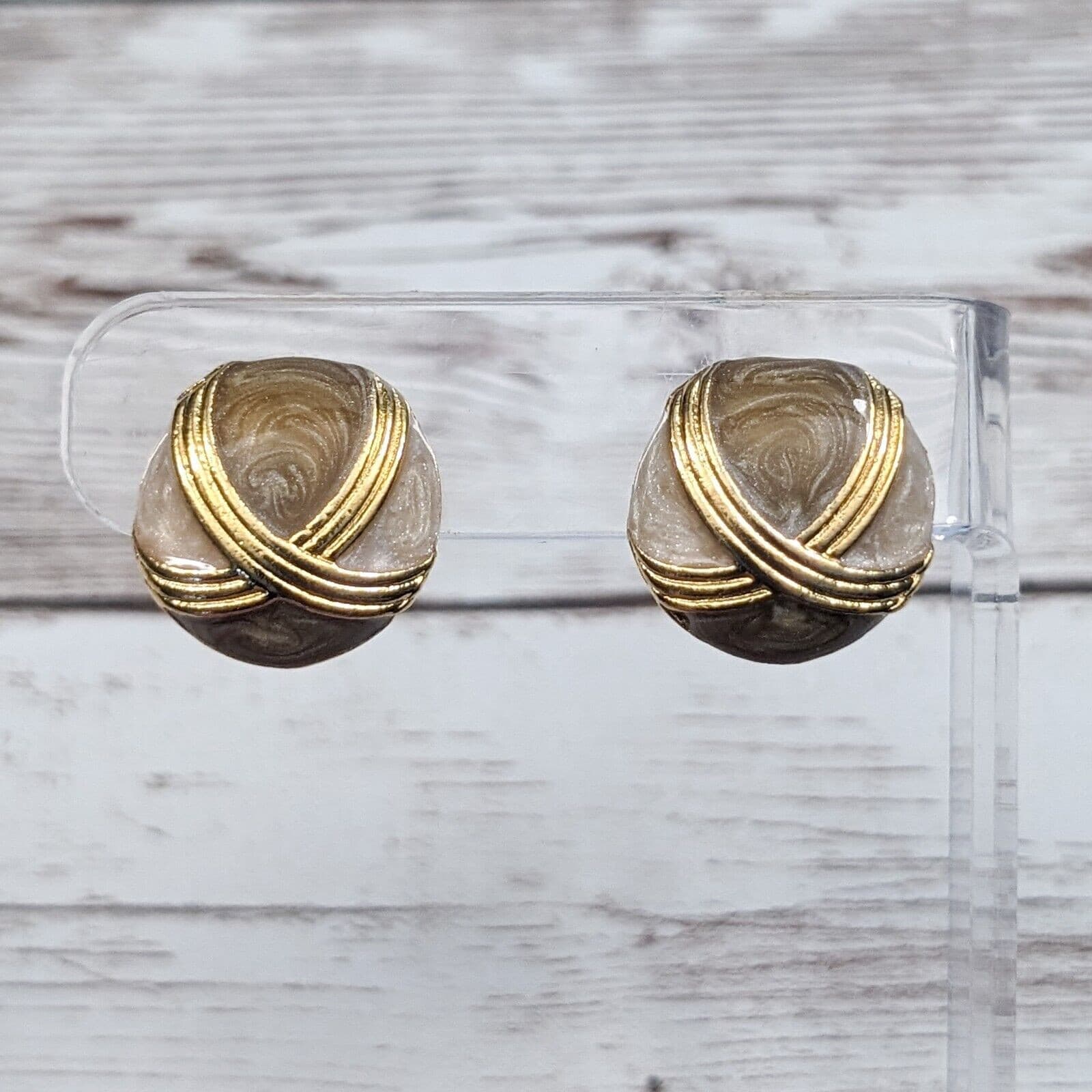 Vintage Clip On Earrings - Different Shades of Brown with Gold Tone Crossover