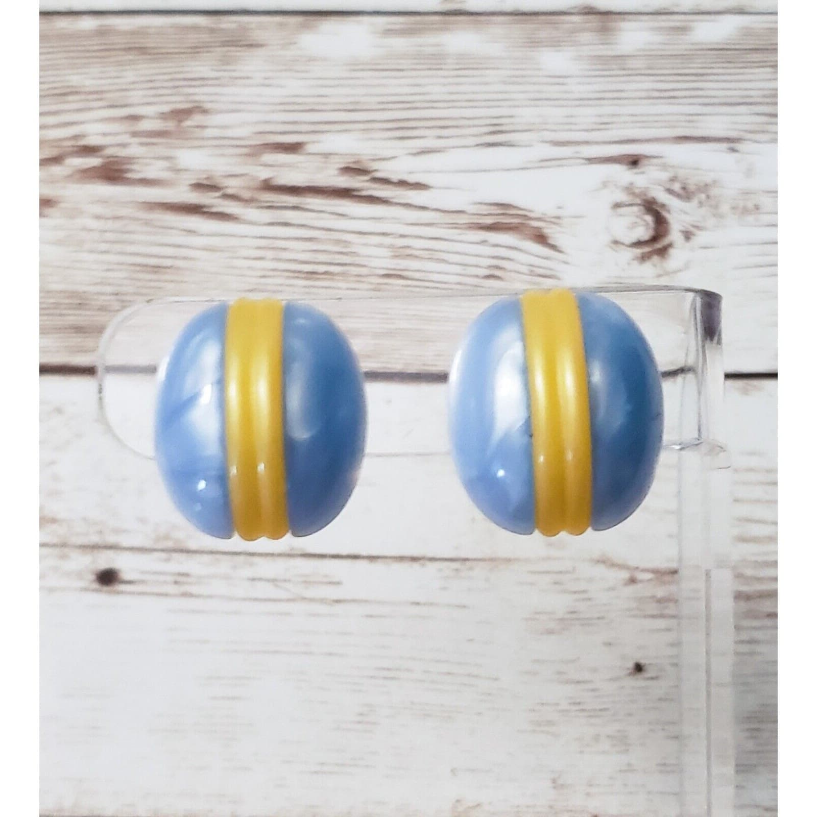Vintage Clip On Earrings - Blue with Yellow Stripe - 7/8" - Retro