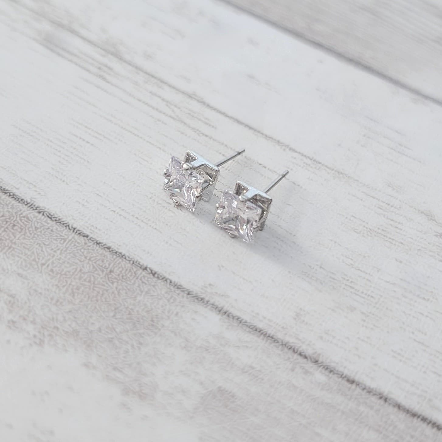 Stud Earrings - Clear Square Gem 0.25" Silver Tone Stud Earrings