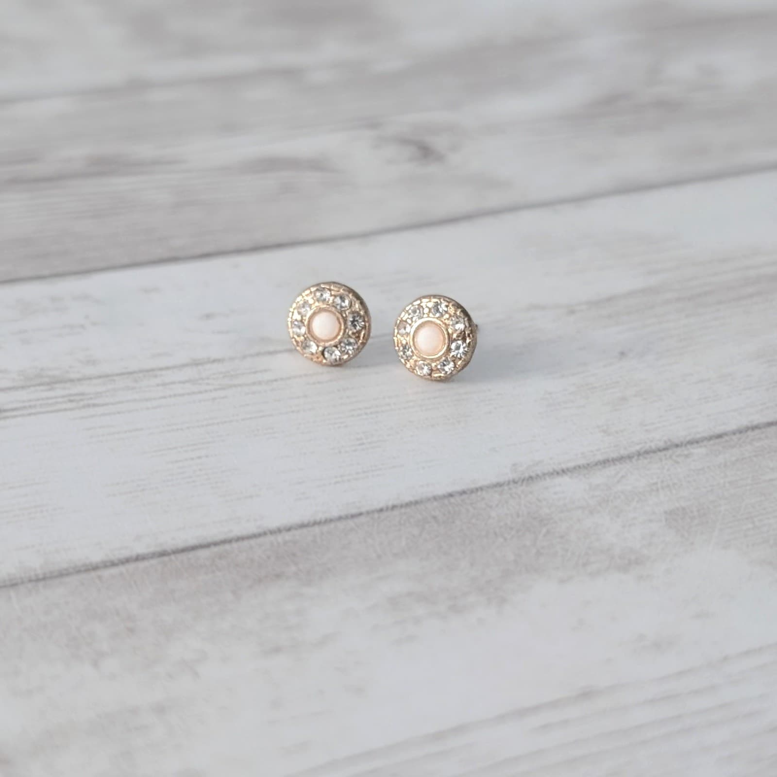 Gold Tone Clear Gem with Cream Center Stud Earrings - Small 3/8"