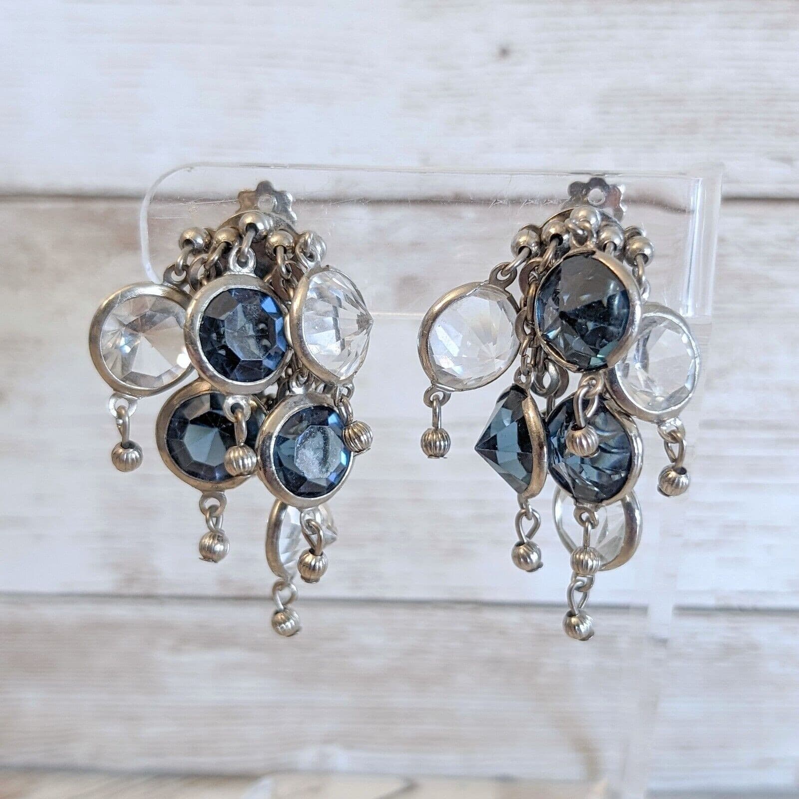Vintage Lisner Clip On Earrings - Statement Dangle Blue & Clear Gems