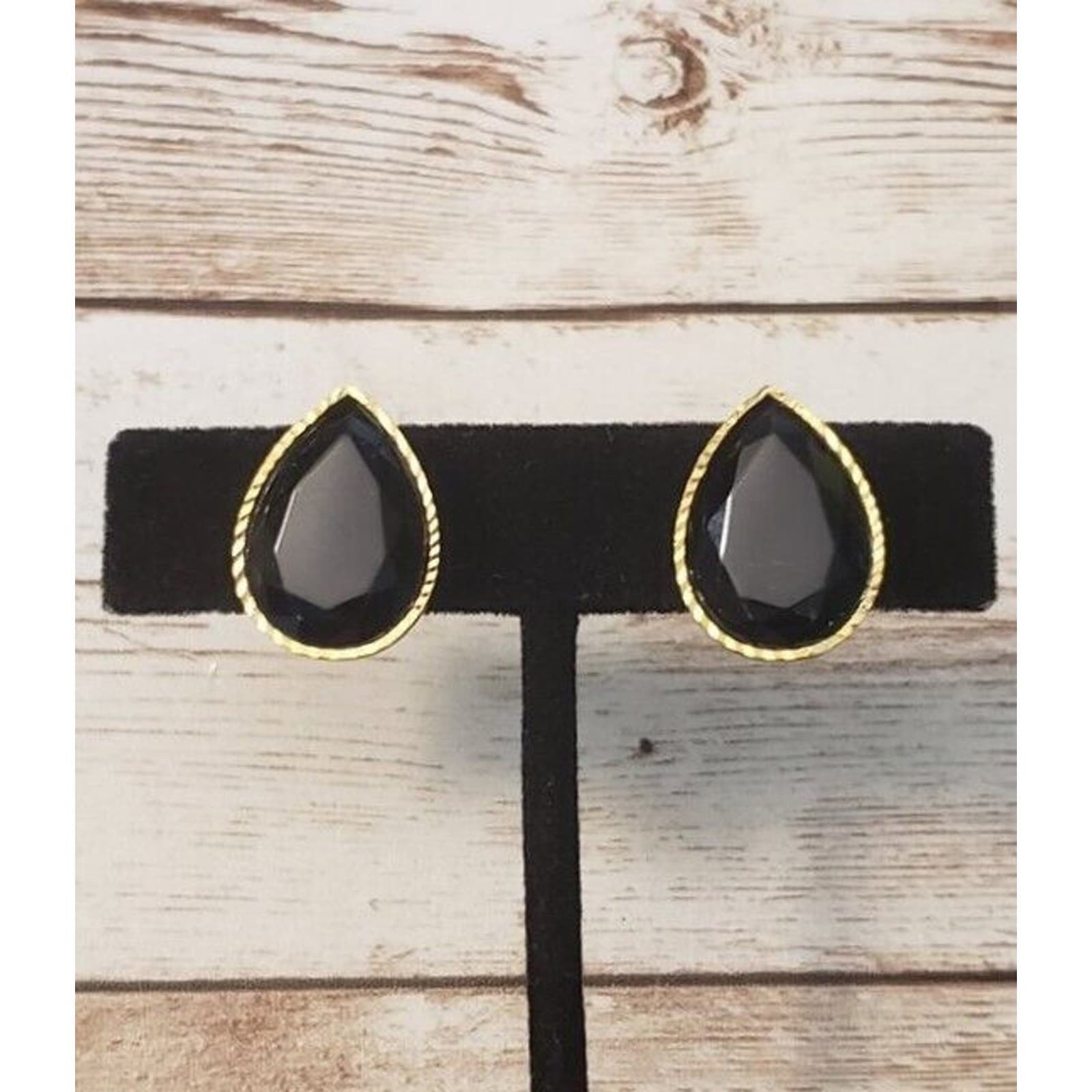 Vintage Clip On Earrings Faceted Black Gem, Gold Tone Halo Teardrop Shape