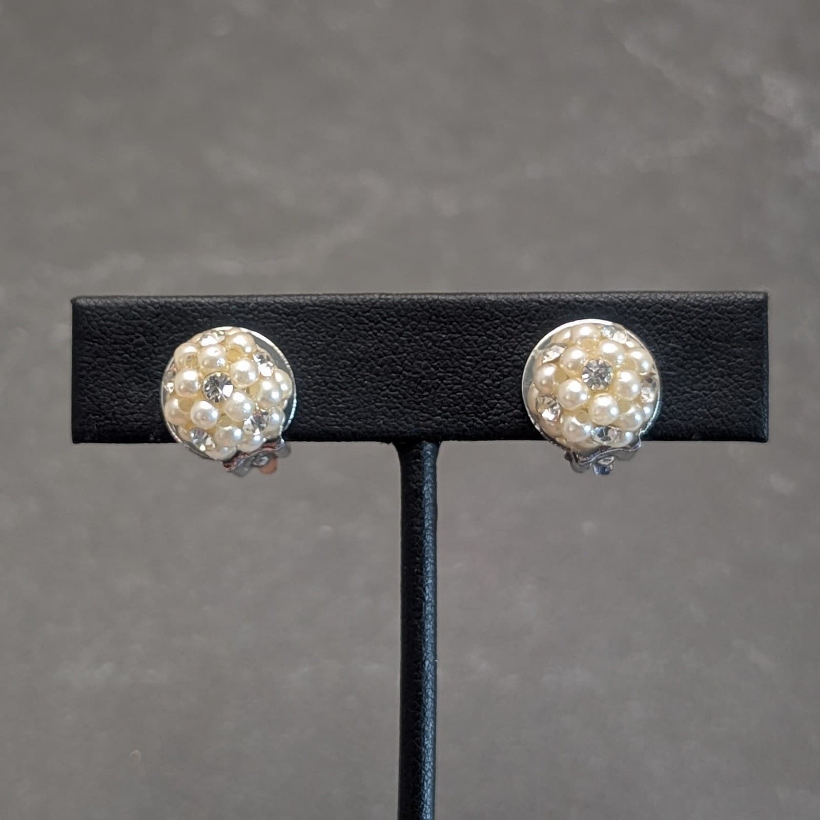 Vintage Clip On Earrings Dainty Faux Pearl and Clear Gem Stylish Elegant Glam