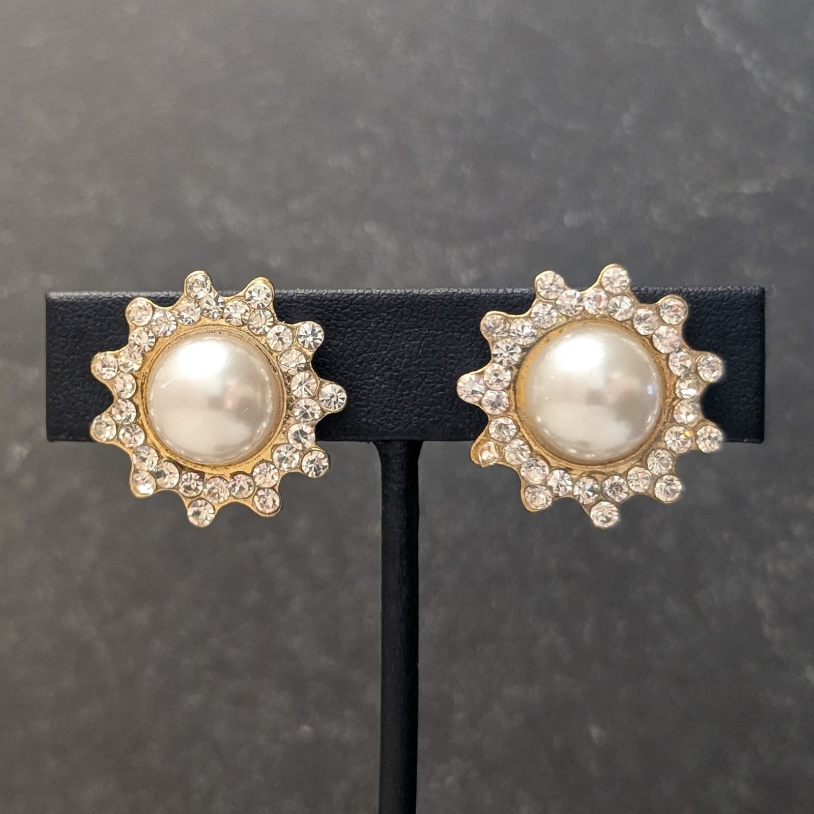 Vintage Clip On Earrings Large 7/8" Faux Pearl with Star Shaped Clear Gem Halo