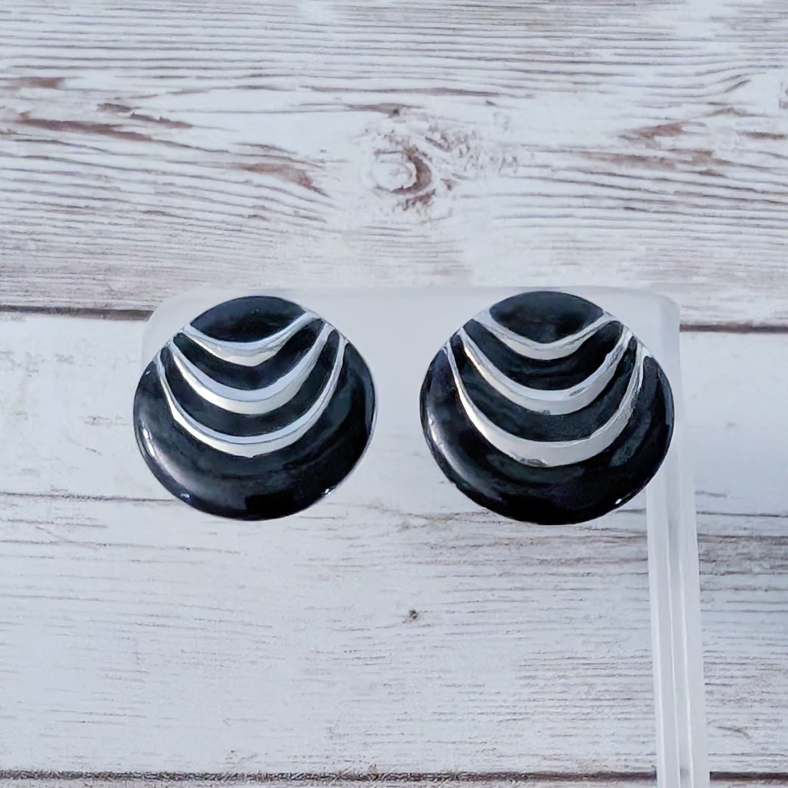 Vintage Clip On Earrings Statement Black & Silver Tone Circle