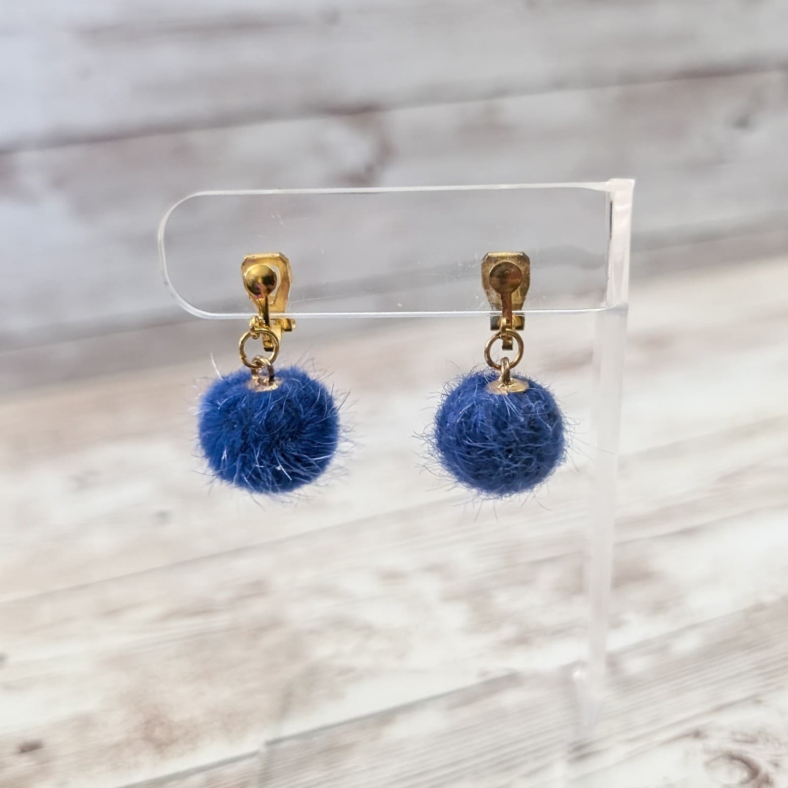 Vintage Clip On Earrings Blue Fuzzy Ball Dangle