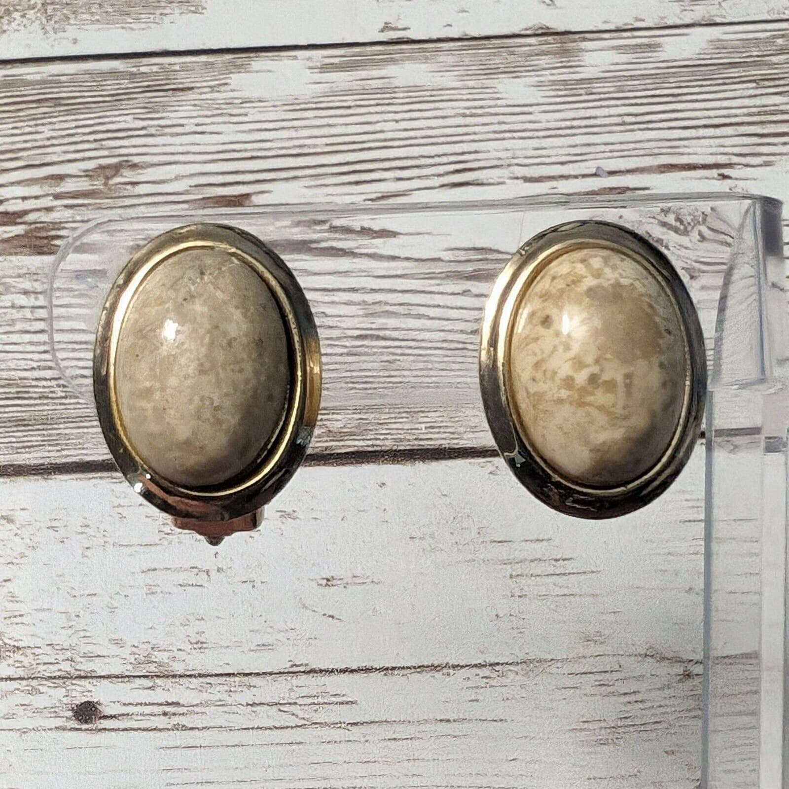Vintage Clip On Earrings - Unusual Beige with Gold Tone Halo