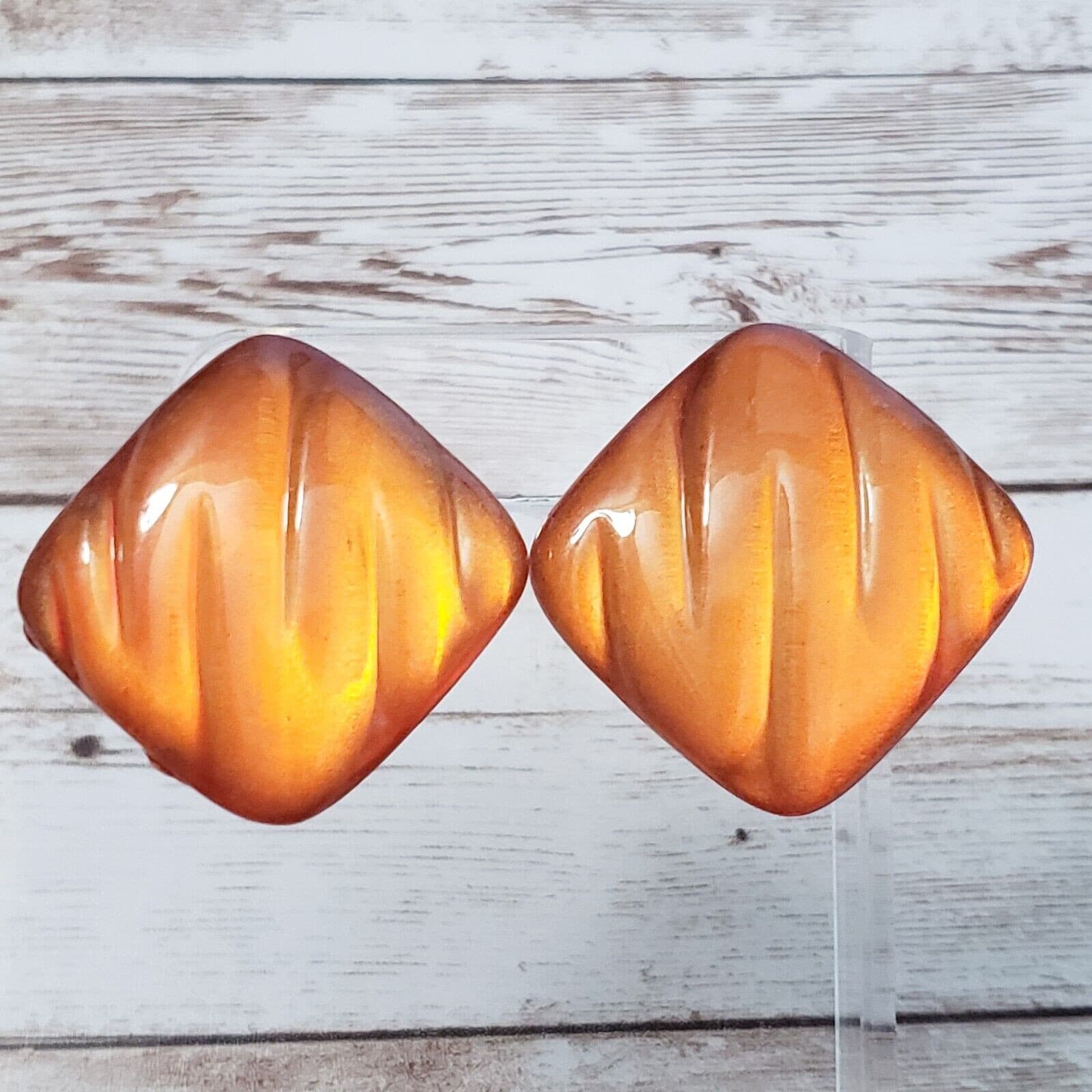 Vintage Clip On Earrings - Large Statement Earrings Orangey Amber Tone