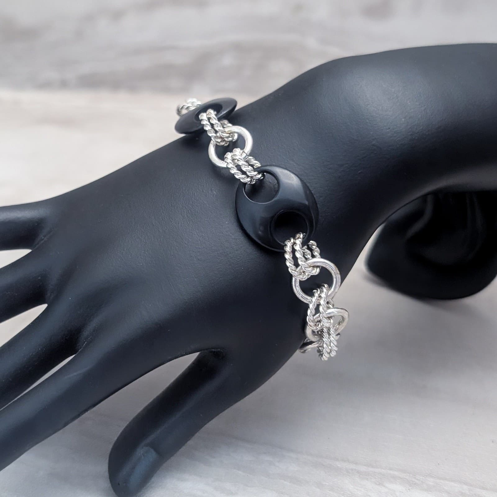 Vintage Clasp Bracelet Statement Silver Tone Chain with Black