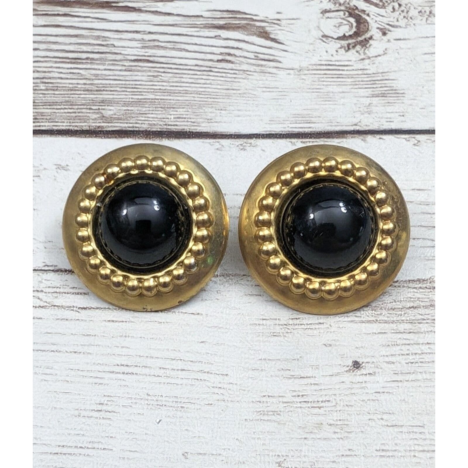 Vintage Clip On Earrings Large Black & Brassy Gold Tone Just Under 1"