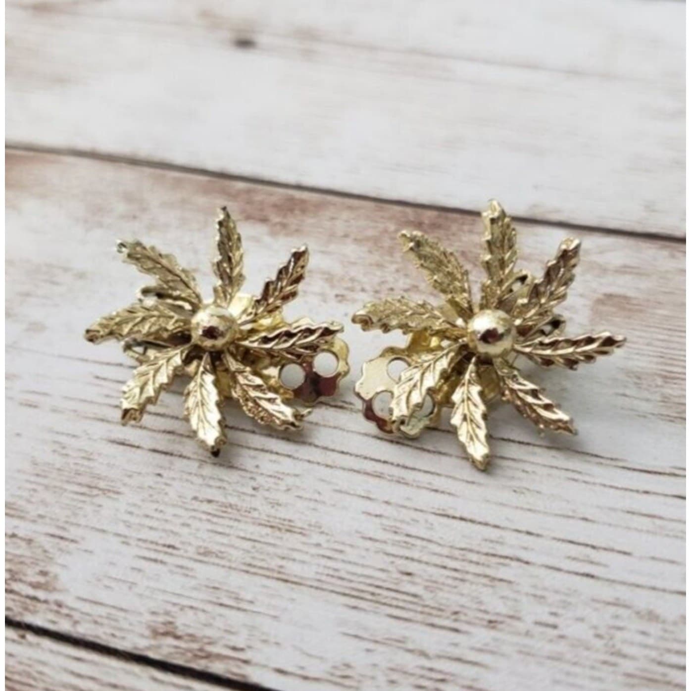 Vintage Clip On Earrings - Statement Gold Tone Leaf Design 7/8"